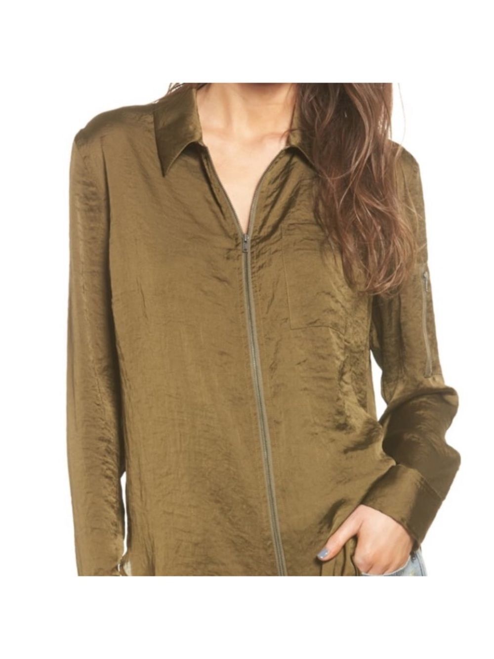Treasure & Bond Olive Green Satin Zip-Front Blouse